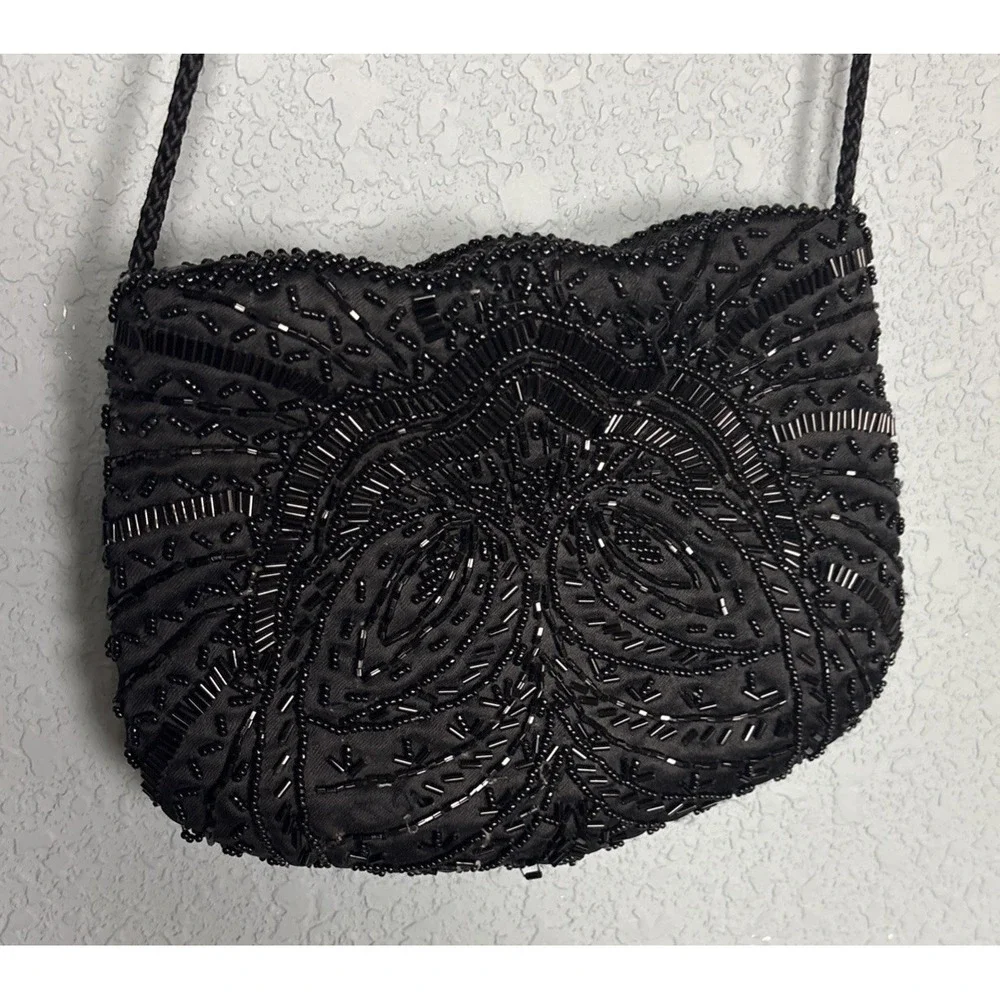 Vintage Carla Marchi Beaded Black Evening Bag 1990s Formal Event Handmade
